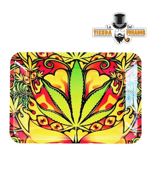BANDEJA METALICA PEQUEÑA DE  18X12 CM CON ESTAMPADO DE HOJA PSYCHEDELIC  IDEAL PARA LIAR TABACO
