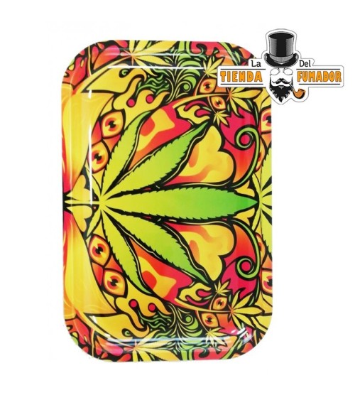 BANDEJA METALICA PEQUEÑA DE  28X19 CM CON ESTAMPADO DE HOJA PSYCHEDELIC  IDEAL PARA LIAR TABACO, REGALOS ORIGINALES PARA FUMADOR